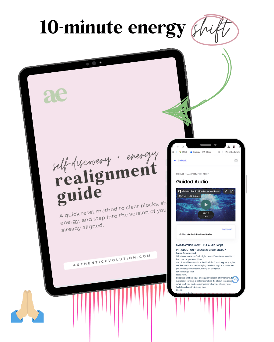 Tablet displaying a Manifestation Reset realignment guide and a phone showing a guided audio session. Text reads “10-minute energy shift,” with arrows pointing to the guide. Soft, minimalist aesthetic with spiritual and calming design elements.