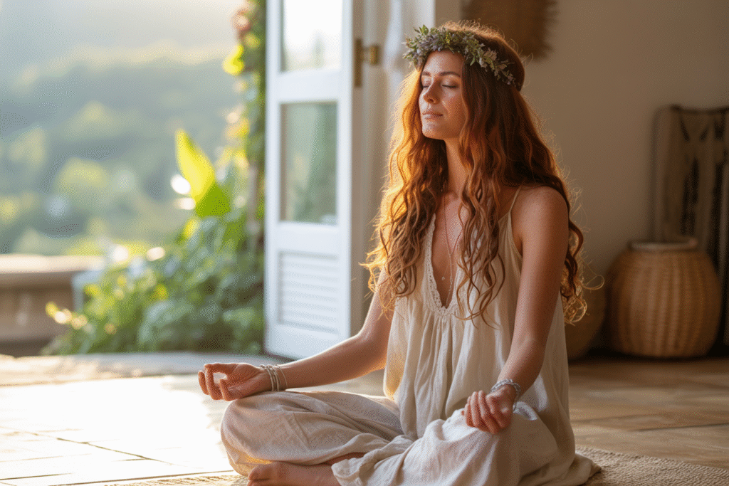 A calming visual of a serene, grounded woman with closed eyes, representing nervous system regulation for manifestation. This image highlights the connection between a regulated nervous system and successful manifestation, showing how inner calm is the foundation for attracting desires. Perfectly complements the blog content on why nervous system regulation is the missing link in manifestation.