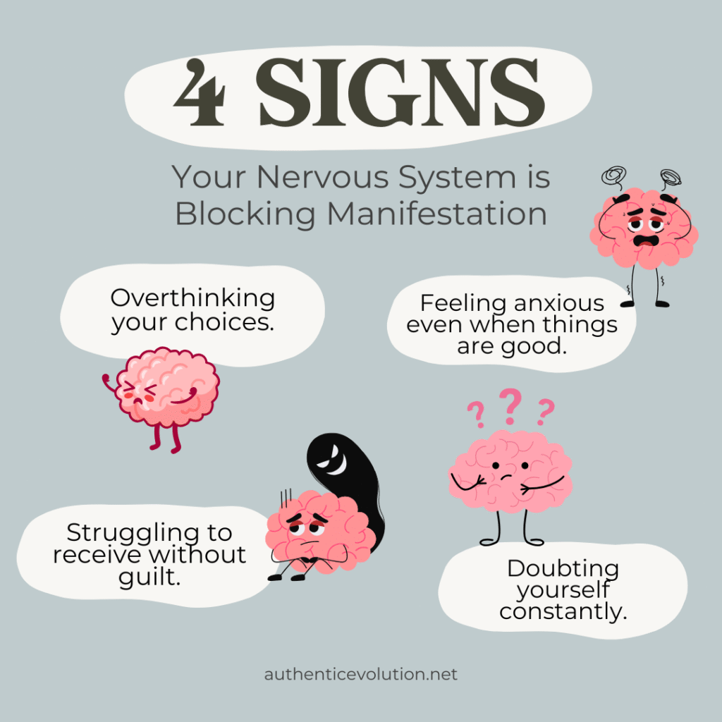 4 Signs Your Nervous System is Blocking Manifestation - Infographic showing common signs like overthinking, feeling anxious even when things are good, struggling to receive without guilt, and doubting yourself. Tap to read how to fix it.